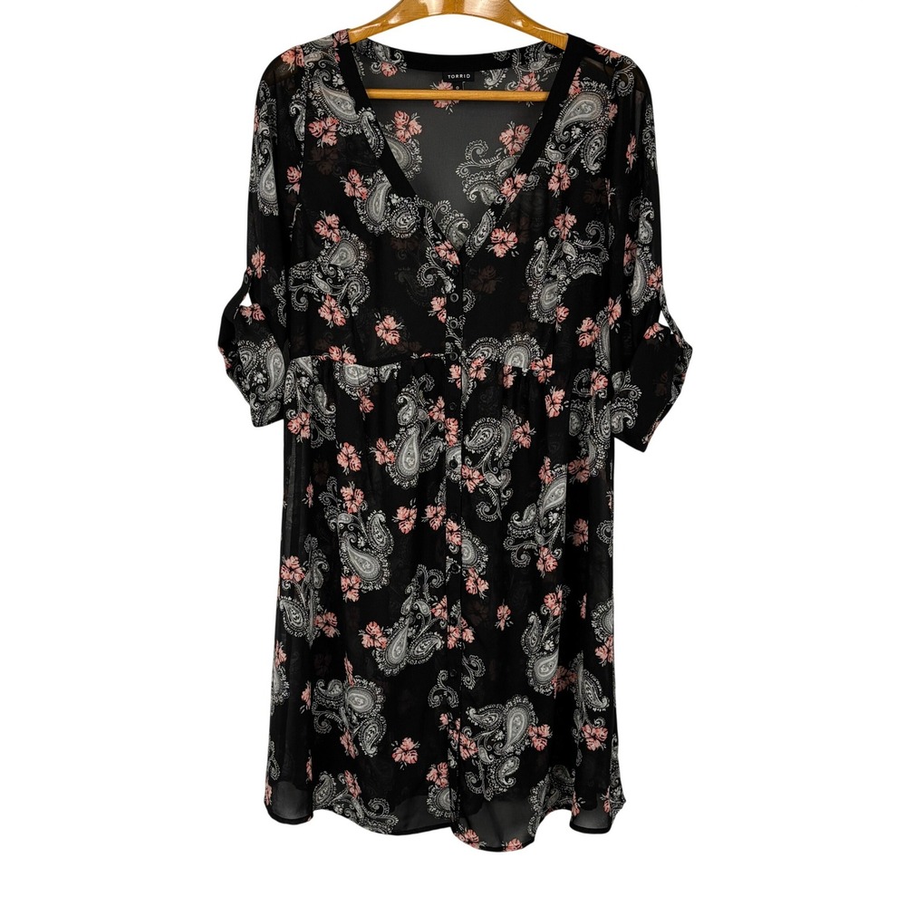 Torrid Sheer Paisley Floral Tunic Dress Sz 0 Black Pink Boho Whimsigoth Chiffon